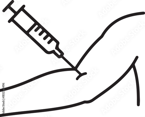 Monochrome line drawing illustration of a human arm holding a medical syringe for vaccination or injection