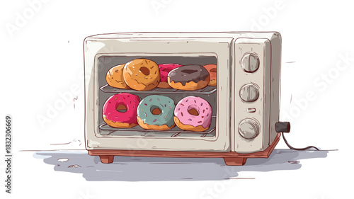 Delicious Donuts Baking in Oven Vector Illustration for Bakery Advertisements