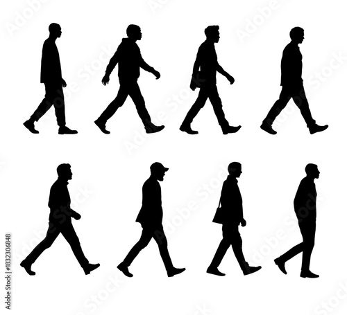 Set of manhood walking silhouettes - isolated vector illustration