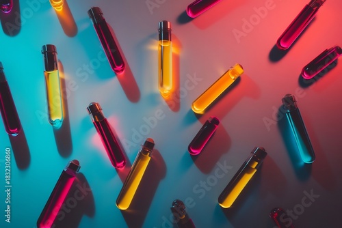 Laboratory glassware background with colorful liquids for science and research