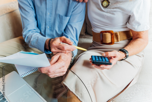 Elderly couple managing household finances and retirement planning, calculating expenses and reviewing bills on a laptop, stressing budget and financial consulting for seniors