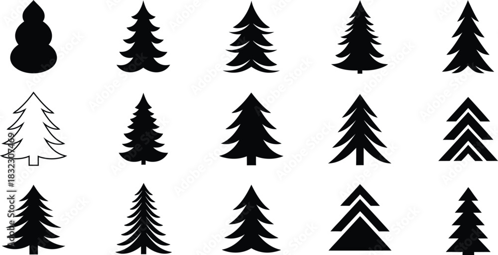 Fototapeta premium Set of 15 Black Vector Christmas and Holiday Tree Silhouettes: Different Shapes of Festive Spruce, Pine, and Abstract Xmas Tree Icons Isolated on White Background AI Generative