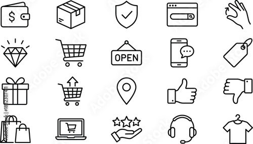 “E-commerce shopping icon collection, online store and delivery symbols, digital retail elements, customer service, payment, rating, and product purchase graphics”