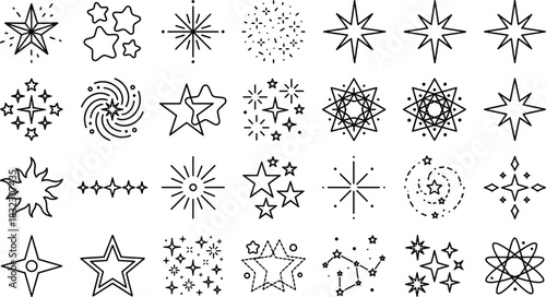 “Star icon vector collection, celestial line art symbols, decorative astronomy shapes, sparkling cosmic elements, constellation and galaxy themed graphic designs”