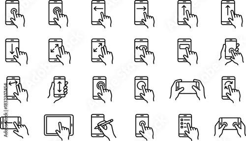 Mobile touch gesture icon set, smartphone hand interaction symbols, swipe tap pinch zoom vector collection, user interface motion graphics”