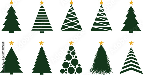 Dark Green Vector Christmas Tree Icons Set with Yellow Star Toppers: Abstract, Modern, and Geometric Shapes for Holiday, Xmas, and Winter Season Graphic Design AI Generative