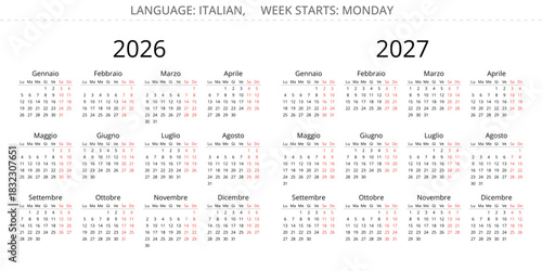 Simple 2026, 2027 Italian calendar. vector illustrations for Italy