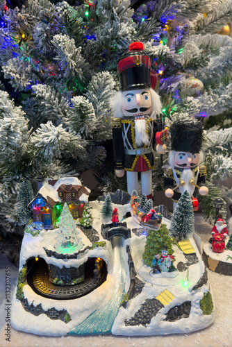 Christmas decorations, toys and nutcrackers under the Christmas tree