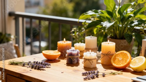 Decorative scented candles and fresh oranges on wooden table outdoors  