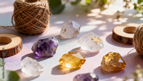 Natural gemstones arranged on a tabletop with twine and wooden discs  
