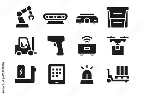 Control module section scanner drone smart tablet icon warehouse vector storage picking