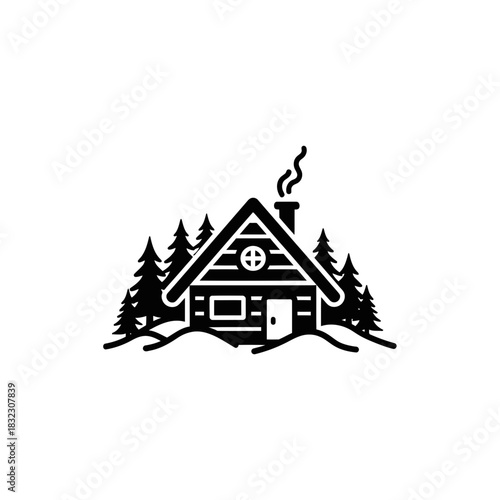 Simple winter cabin house icon with trees and smoke