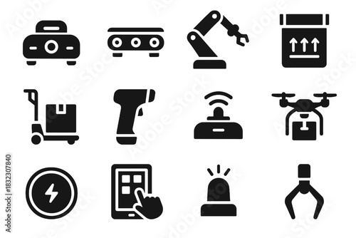 Automated bin arm vector icon inventory icons storage safety smart warehouse pallet