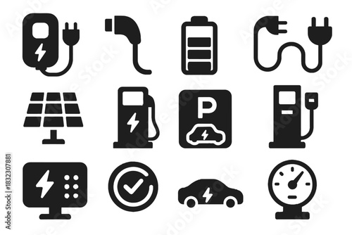 Ev silhouette connector charging screen vector icon plug parking solar battery
