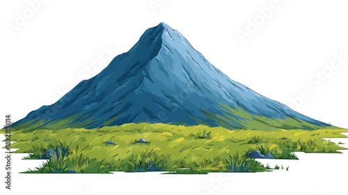 Serene Mountain with Blue Top and Green Grass Field Background