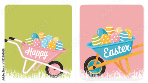 Two charming wheelbarrows overflowing with colorful decorated easter eggs on pastel backgrounds