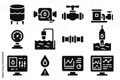 Monitoring interface smart meter flow icon valve sensor vector detection water station