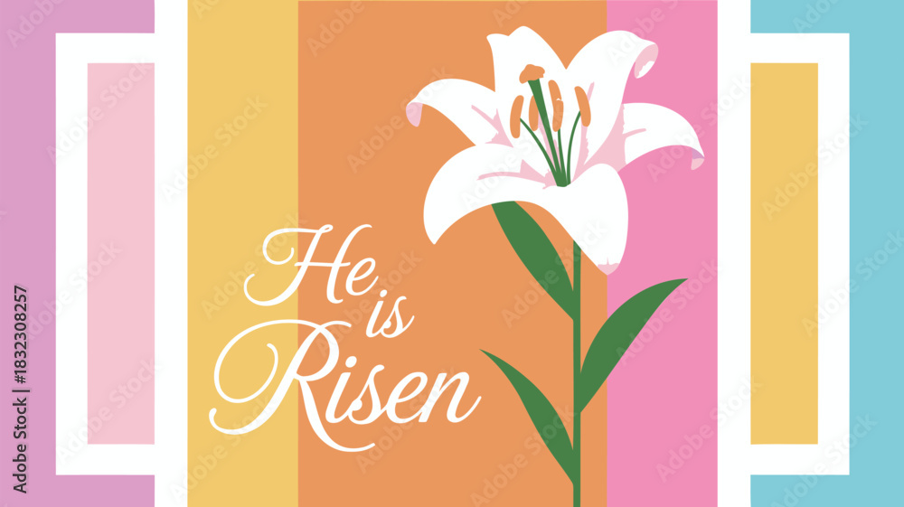 Obraz premium Elegant white easter lily with he is risen text on a pastel striped background