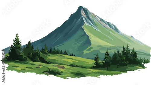Serene Mountain Painting with Lush Green Background