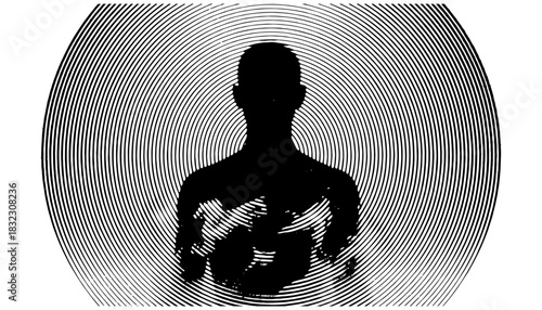 Vector Hypnotic Silhouette Art – Abstract Human Profile with Spiral Lines, Conceptual Psychology Identity Illustration, Minimal Black and White