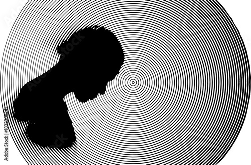 Vector Hypnotic Silhouette Art – Abstract Human Profile with Spiral Lines, Conceptual Psychology Identity Illustration, Minimal Black and White