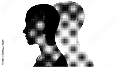 Conceptual Psychology Silhouette Portrait with Dual Shadow – Abstract Human Identity Reflection, Halftone Vector Illustration on Transparent Background