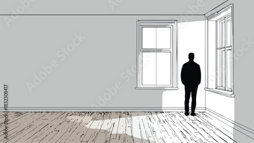Modern Painting of a Person in a Room with Wooden Floor and Window