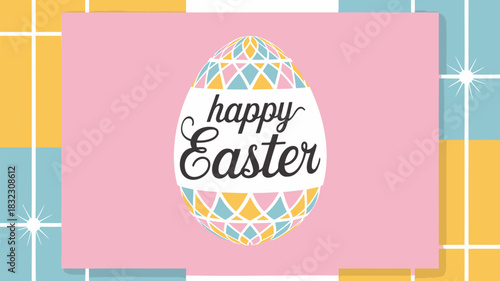 Happy easter greeting card with a decorative egg and pastel geometric background