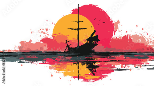 Sword and Boat Painting with Red Yellow Sunset
