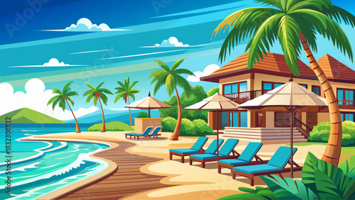 Elegant beachfront resort with neatly arranged sun loungers overlooking turquoise ocean waters. Calm and sunny tropical setting, ideal for vacation advertising, lifestyle photography