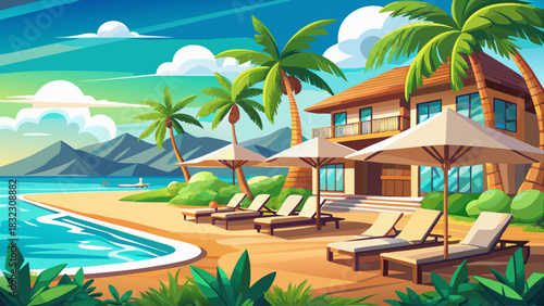 Elegant beachfront resort with neatly arranged sun loungers overlooking turquoise ocean waters. Calm and sunny tropical setting, ideal for vacation advertising, lifestyle photography