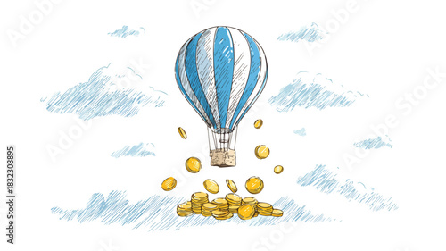 Hot Air Balloon Floating Above a Pile of Coins in the Sky