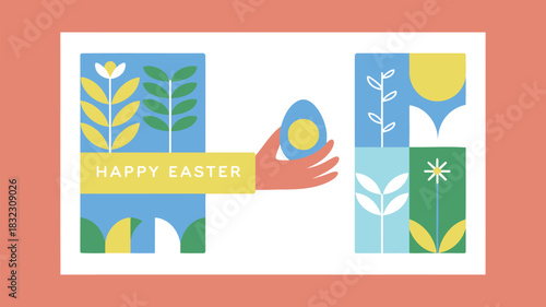 Happy easter greeting card with hand holding an egg and abstract floral elements in a modern geometric style