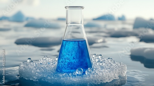 Blue liquid in beaker on ice climate change science research environment study
