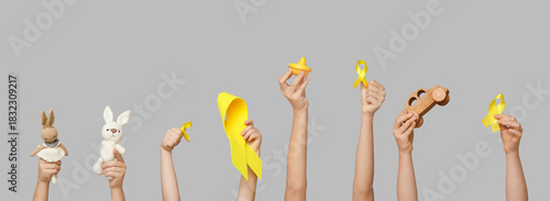 Children hands holding toys...