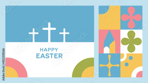 Happy easter greeting card with three white crosses and abstract colorful geometric shapes