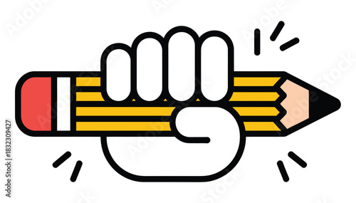 A hand firmly grips a pencil, symbolizing creativity and writing power.