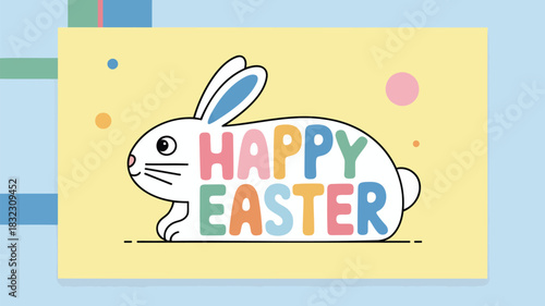 Cute cartoon white bunny with colorful text happy easter inside its body on a yellow background