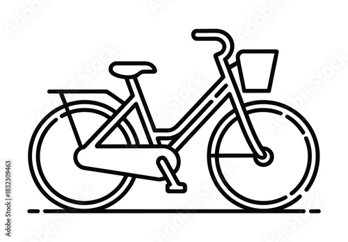 A stylized line art illustration of a bicycle with a front basket and rear rack.