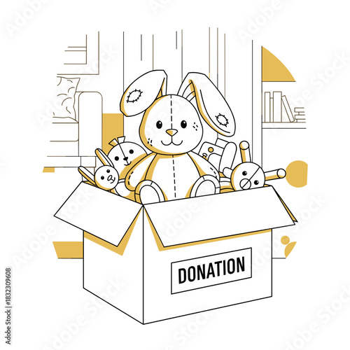 Donation box filled with stuffed animals and toys at home  
