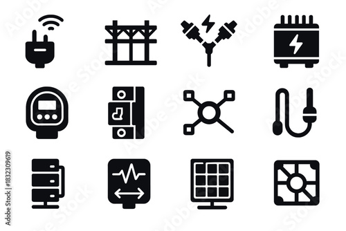 Smart unit energy tile icon connector automated module line vector array grid