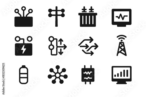 Tower analytics grid switchgear vector hub storage voltage icon smart node