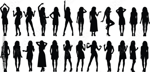 Female silhouette set, fashion poses, stylish women, expressive stance, body posture, black vector, elegance, movement, high heels, contrast art