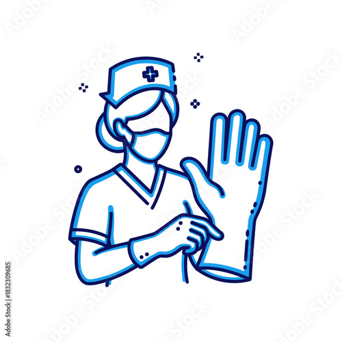 Nurse putting on medical gloves in a healthcare setting  