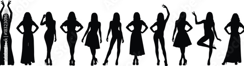Female silhouette, fashion poses, stylish women, expressive stance, body language, black vector, elegance, dance posture, high heels, contrast art