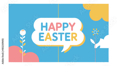 Happy easter greeting with stylized flowers and clouds in a cheerful pastel color palette