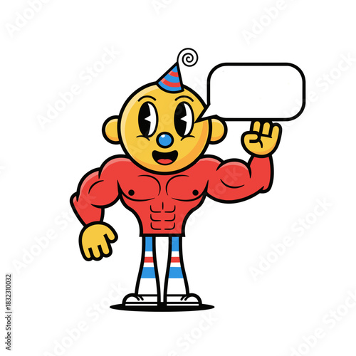 Cartoon character with muscular build waving and holding speech bubble  