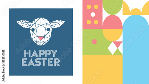 Geometric lamb face with happy easter text and abstract colorful shapes background