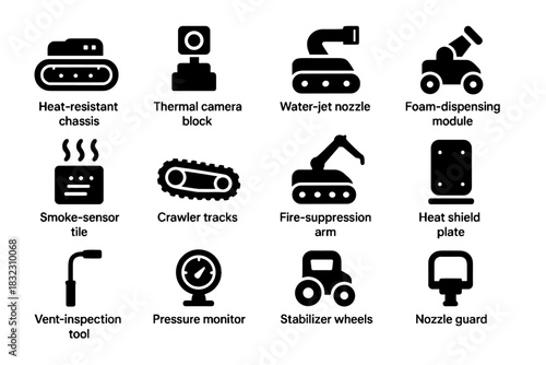 Icon response block monitor plate fire crawler arm pressure nozzle robot vector
