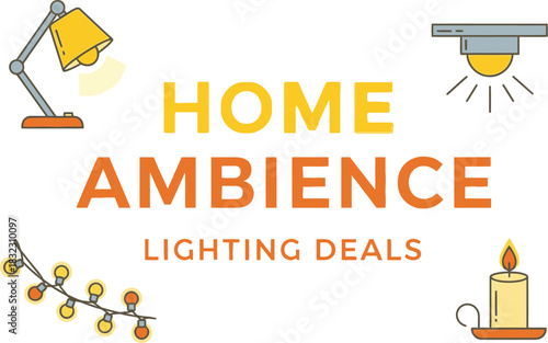 Home ambience lighting deals with lamp, candle and string lights isolated on white background